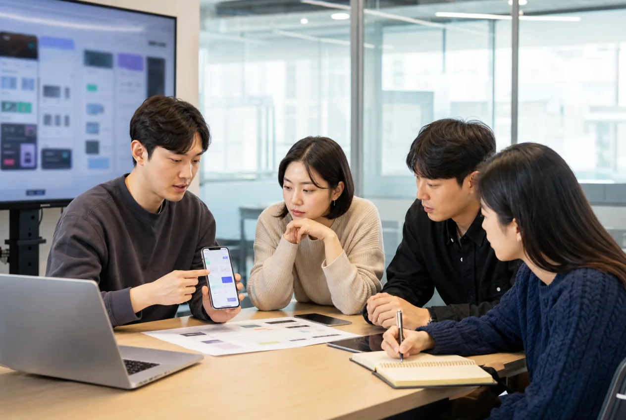 모바일 앱 프로토타입을 검토하는 개발팀