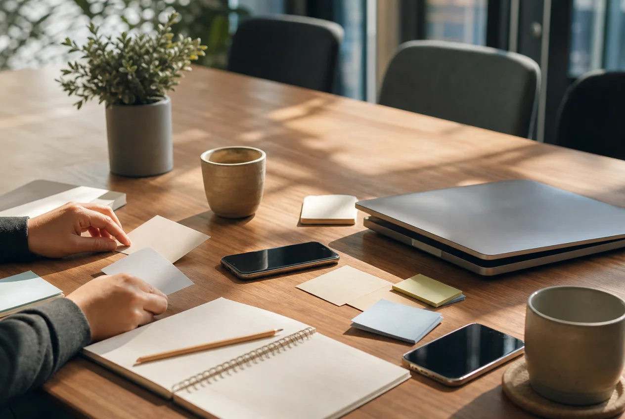 A product planning desk with a smartphone and notebooks